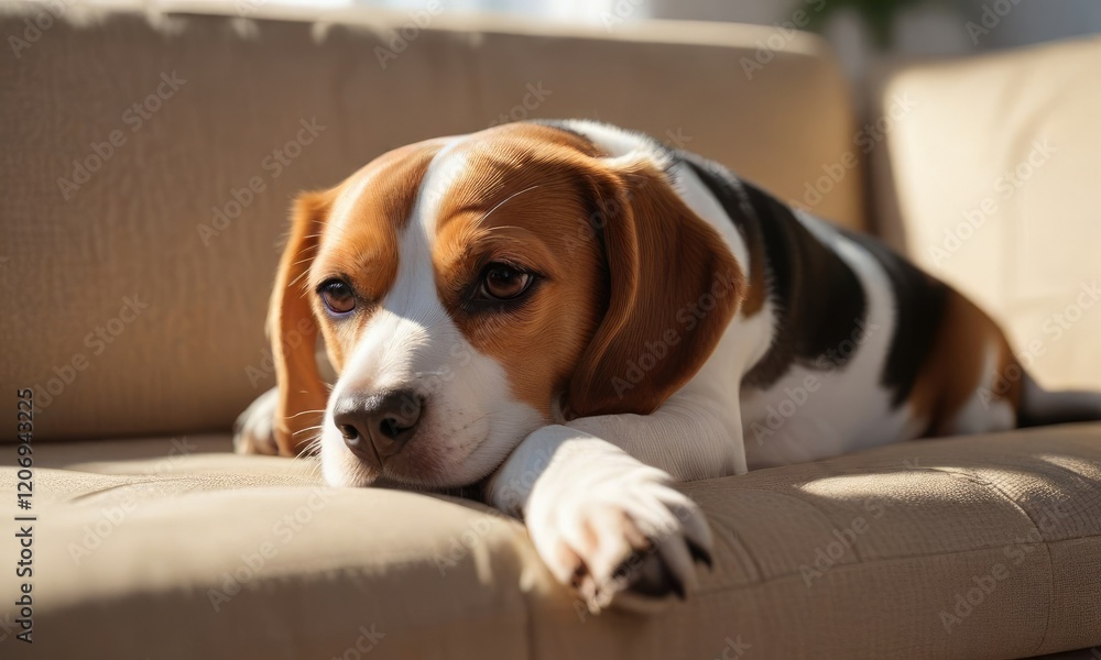 A beagle is lying on the couch with its paws tucked under it basking in sunlight, relaxation, A beagle is lying on the couch with its paws tucked under it basking in sunlight, relaxation,