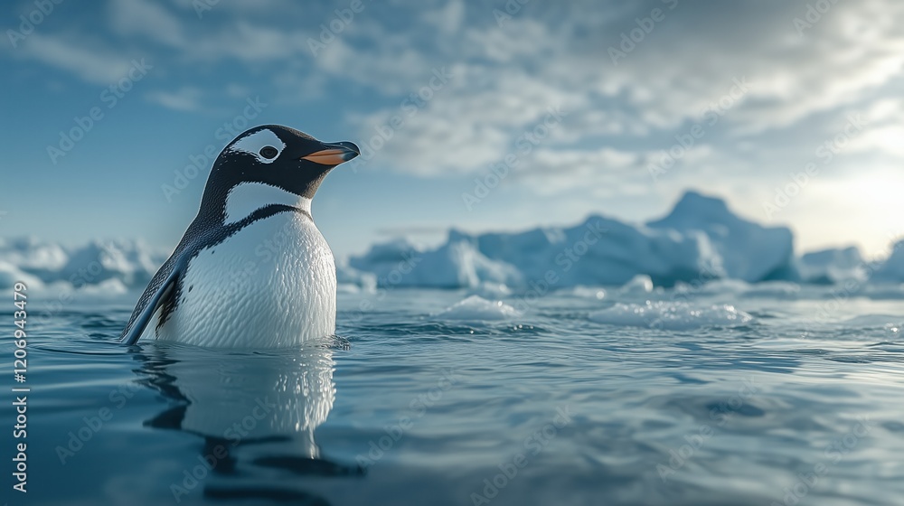 Obraz premium A penguin surrounded by floating icebergs under a crisp, clear sky, the water reflecting the brilliant blues and whites
