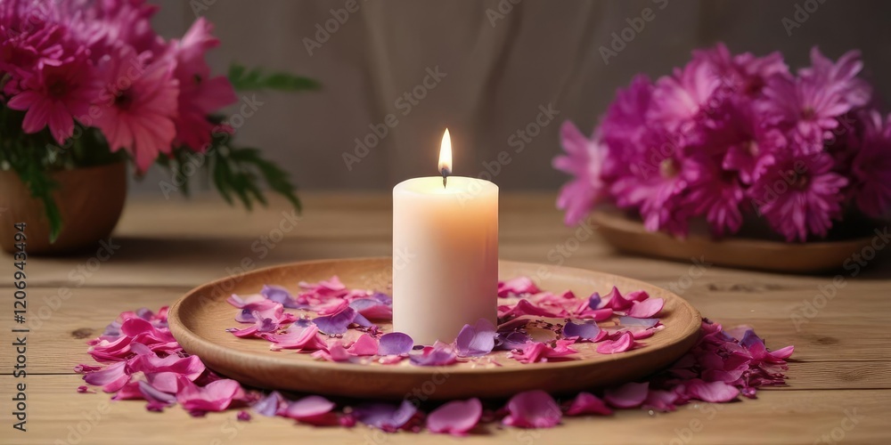 A beautiful light beige candle is placed on a wooden plate with pink and purple flower petals scattered around it, serene scene, soothing colors A beautiful light beige candle is placed on a wooden plate with pink and purple flower petals scattered around it, serene scene, soothing colors