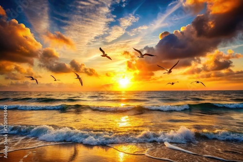 A beautiful golden sunset over a serene ocean with gentle waves and seagulls in the sky, peacefulness, serenity, beach scene, coastal scenery