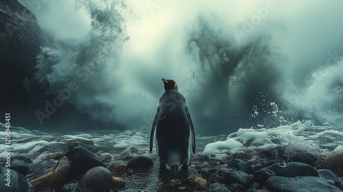 A penguin standing on a rocky shoreline, waves crashing dramatically in the background 