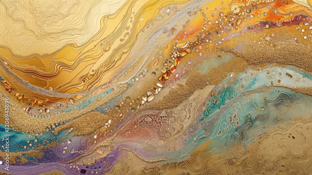 Fototapeta premium Abstract Gold and Turquoise Fluid Art Painting with Glitter and Texture
