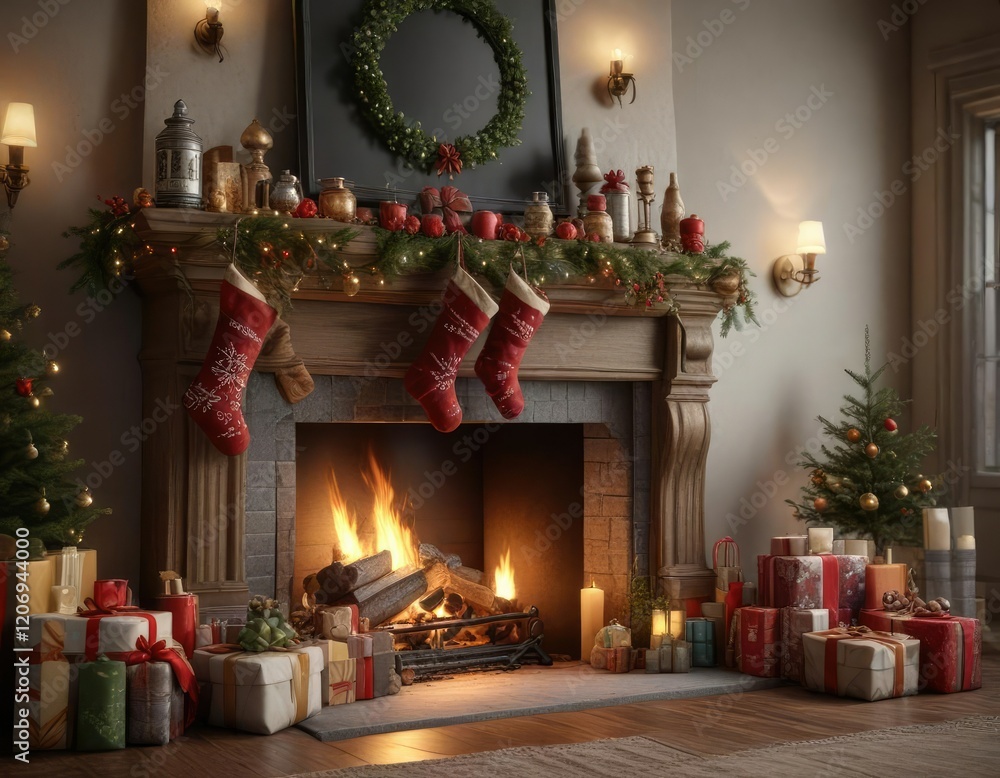 Obraz premium A beautifully decorated mantel with stockings and presents around the fireplace, cabin, presents, warm glow
