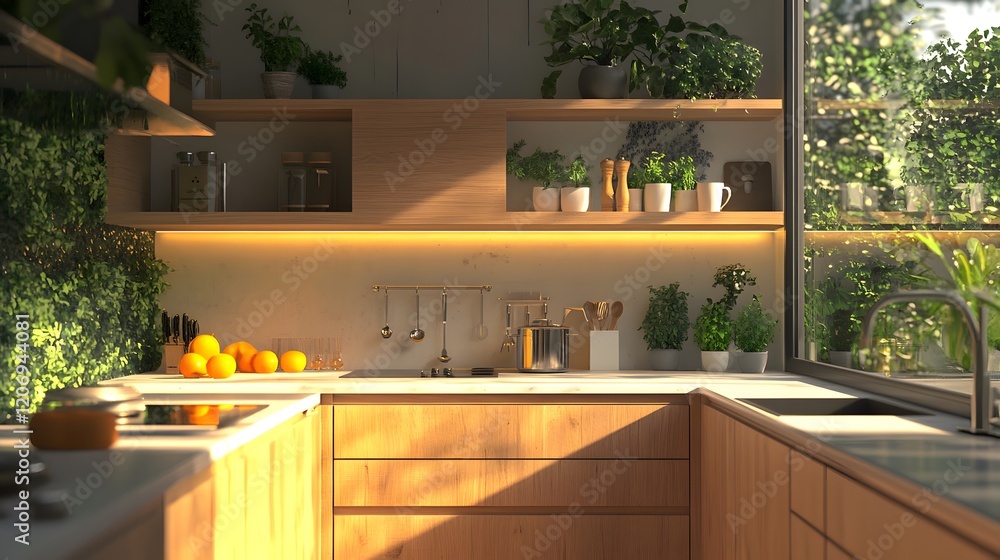 Fototapeta premium Modern kitchen interior featuring a sink window and contemporary design elements