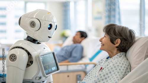 AI medical robot interacting with patient in hospital room, showcasing care