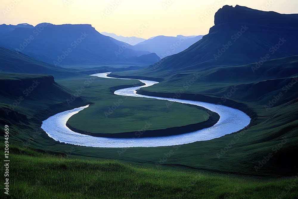 Fototapeta premium Serene Winding River Through Majestic Mountains