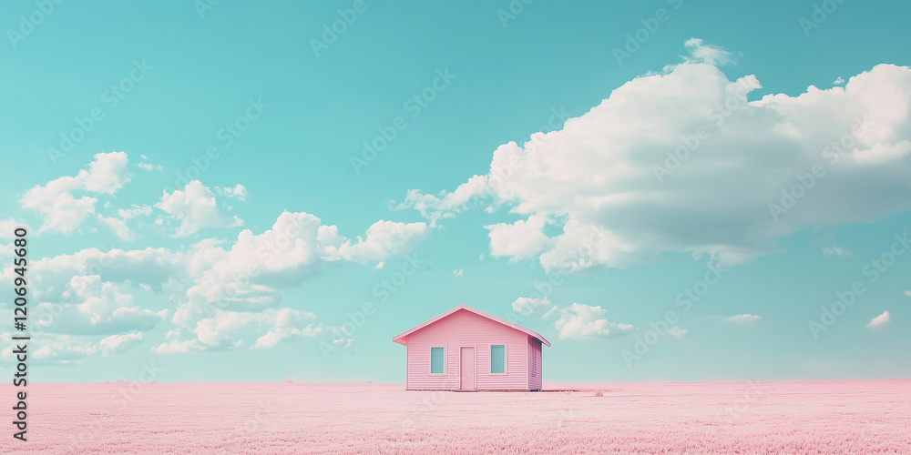 A pink barn in wide space with blue sky in background A pink barn in wide space with blue sky in background