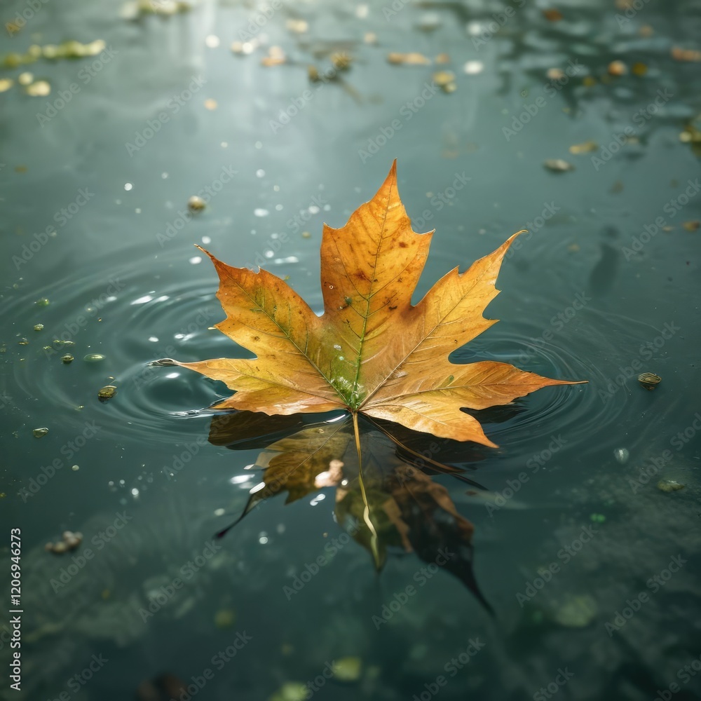 A delicate autumn leaf floats alone on a sheet of glassy water, scattered with tiny green particles, fall foliage, calm water A delicate autumn leaf floats alone on a sheet of glassy water, scattered with tiny green particles, fall foliage, calm water