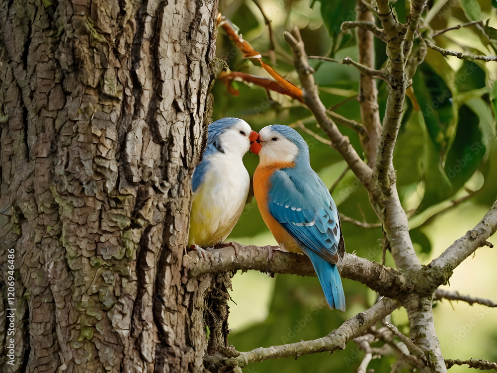 Fototapeta premium colorful lovebirds perched on a tree branch, displaying vibrant plumage with shades of blue, orange, and yellow, set against a soft, blurred green background