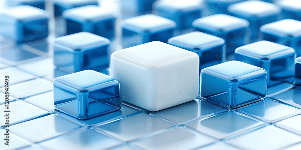 Abstract 3D Render White Cube Amongst Blue Glass Cubes on Reflective Surface Abstract 3D Render White Cube Amongst Blue Glass Cubes on Reflective Surface