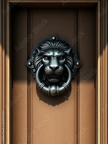 A door with a heavy iron knocker in the shape of a lion's head, heavy iron knocker, mysterious powers photo