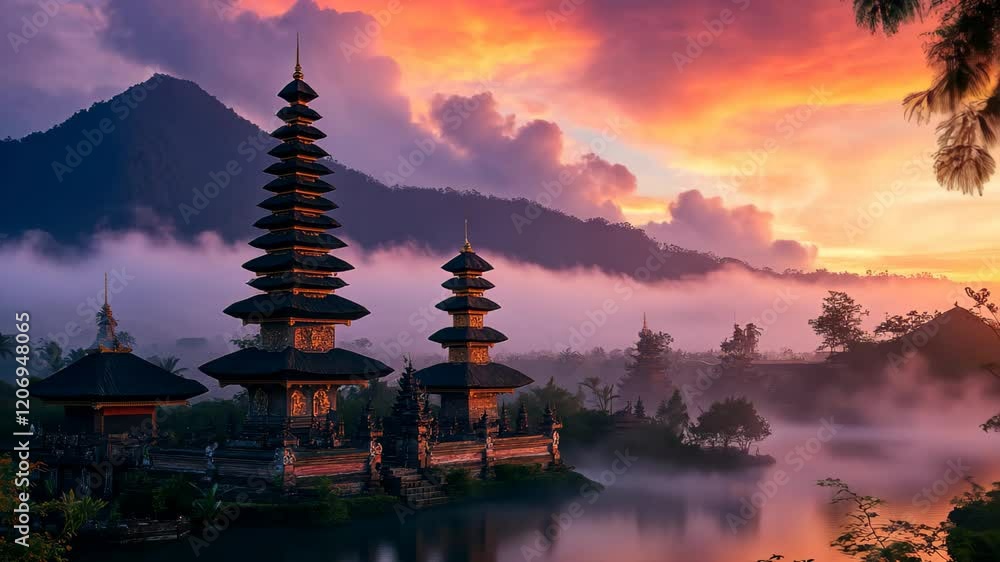 Bali temple silhouette at sunset with colorful skies and misty landscape, Bali island temple on water at sunset Indonesia travel landscape Bali temple silhouette at sunset with colorful skies and misty landscape, Bali island temple on water at sunset Indonesia travel landscape