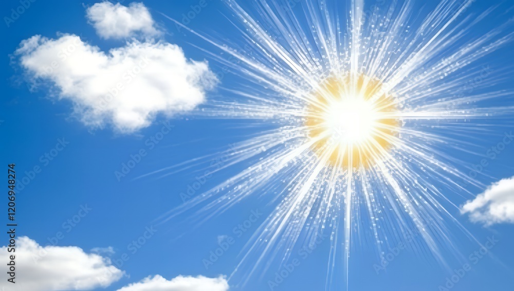 Bright Summer Sunburst Shining Through Blue Sky with Clouds Bright Summer Sunburst Shining Through Blue Sky with Clouds