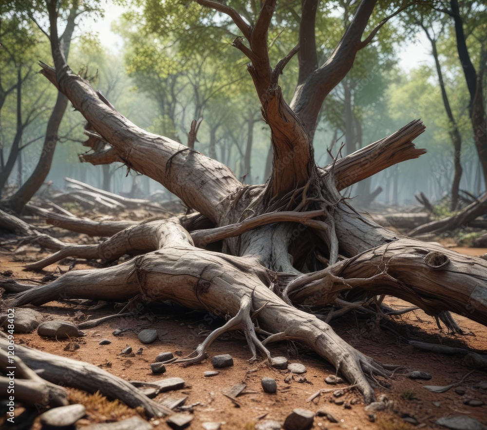 A dry tree lies broken on the forest floor, its limbs twisted and tangled , fallen tree, natural decay