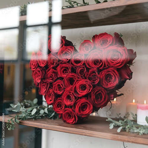 Heart-shaped bouquet of red roses on a wooden shelf photo