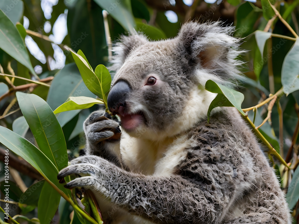 Obraz premium A koala enjoying eucalyptus leaves on a tree, showcasing its soft fur, relaxed expression, and the natural atmosphere of Australia's forests