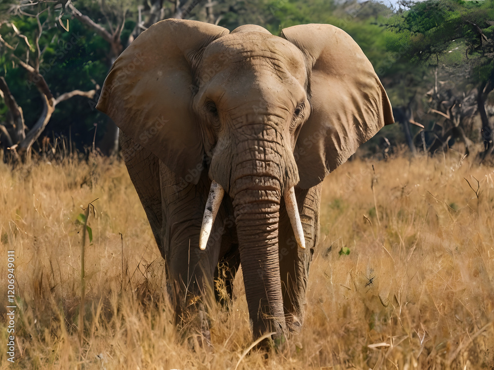 Fototapeta premium Majestic African elephant standing amidst golden savanna grasslands with a lush forest backdrop, capturing the raw beauty of wildlife in its natural habitat