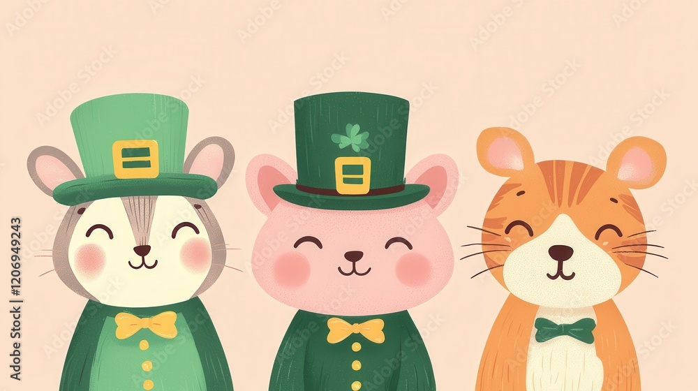 Cheerful Cartoon Animals Celebrating St Patrick s Day with Green Hats and Bow Ties Cheerful Cartoon Animals Celebrating St Patrick s Day with Green Hats and Bow Ties