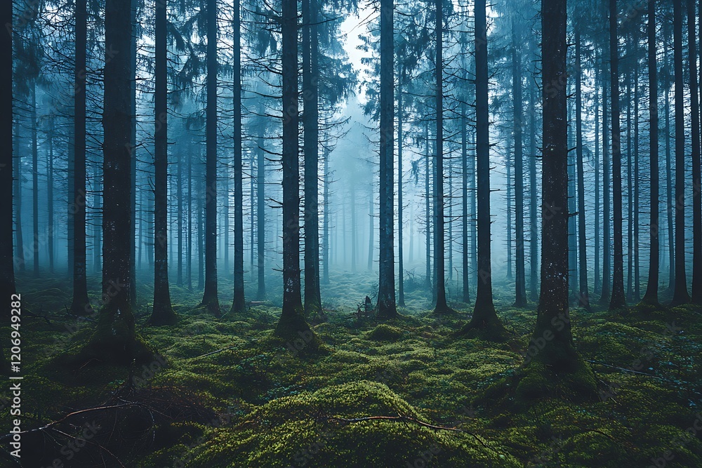 Fototapeta premium Misty Forest Landscape: A Serene Nature Scene