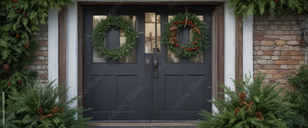 A fragrant wreath made of evergreen branches and cinnamon sticks adorns the front door of a charming cottage, rustic charm, cozy atmosphere, country home A fragrant wreath made of evergreen branches and cinnamon sticks adorns the front door of a charming cottage, rustic charm, cozy atmosphere, country home
