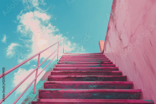Fantastically beautiful staircase leading to cloudy deep sky at natural light  abstract vivid composition consists of fictional unreal fantastic vision on background