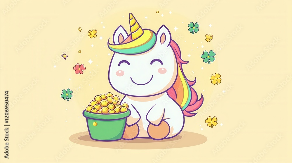 Naklejka premium Cute Cartoon Unicorn with Rainbow Mane in Floral Nature Background