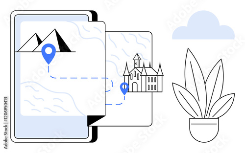 Digital map on smartphone leading to mountains and castle through marked paths, with a plant and cloud in the background. Ideal for travel planning, tourism, navigation, exploring destinations