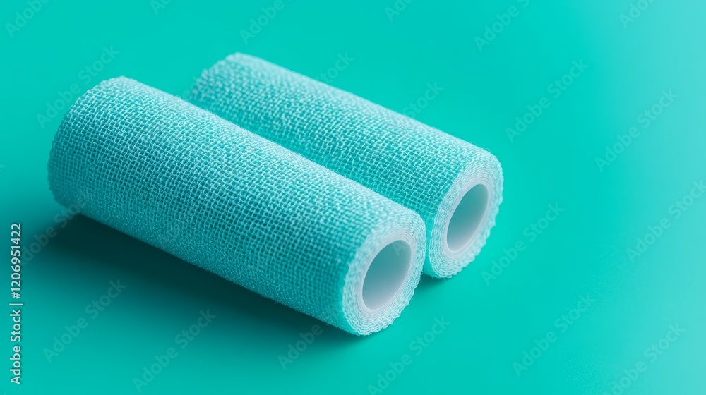 Obraz premium Vibrant contrast, two rolls of blue cloth on a green backdrop two