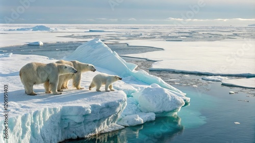 A group of polar bears congregate on a massive ice floe in the middle of the icy waters of the Arctic Ocean, large group, icy surface