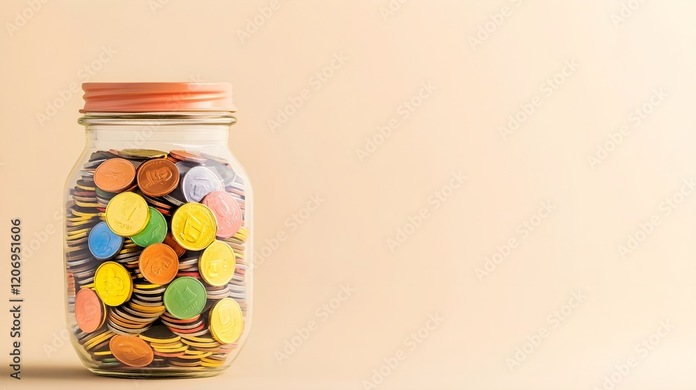 Colorful Coin Jar Filled with Various Coins on a Neutral Background, Generative AI. Colorful Coin Jar Filled with Various Coins on a Neutral Background, Generative AI.