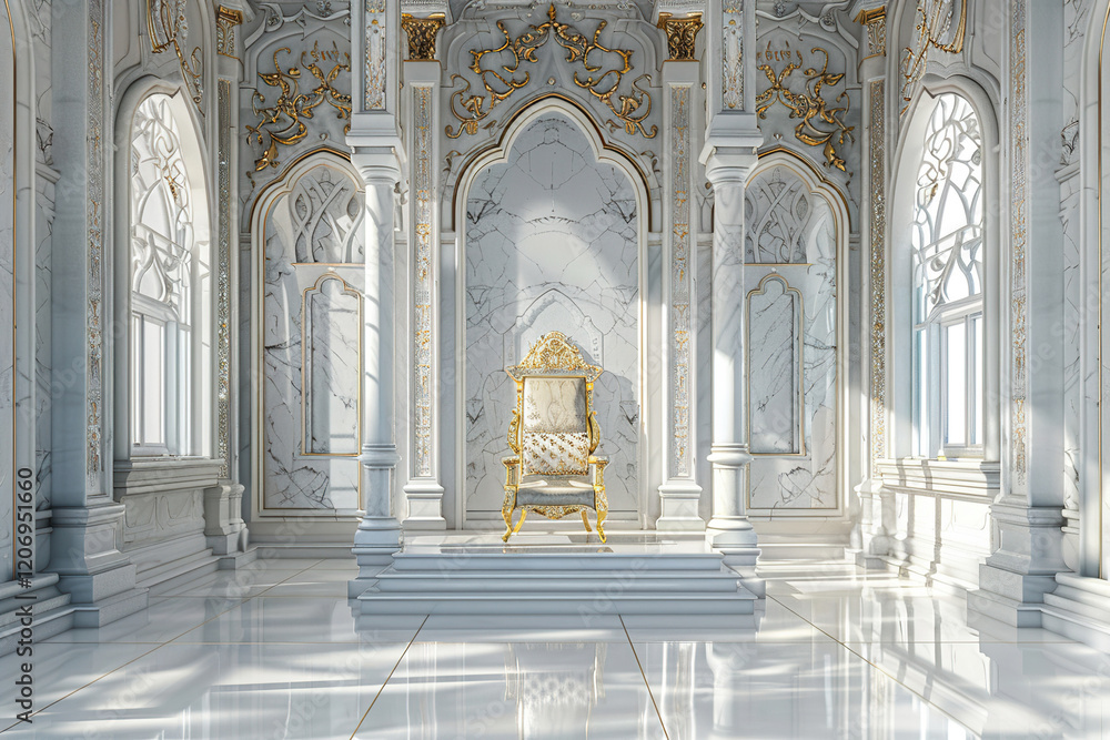 Fototapeta premium Fantastically beautiful throne of power of king or queen in throne room, abstract vivid composition consists of fictional unreal fantastic vision on background