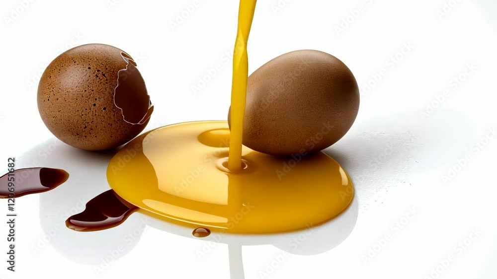 Freshly cracked brown eggs spilling bright yellow yolk onto a clean white surface Freshly cracked brown eggs spilling bright yellow yolk onto a clean white surface