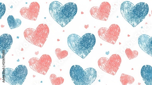 Seamless Pattern of Pink and Blue Scribbled Hearts with Scattered Stars