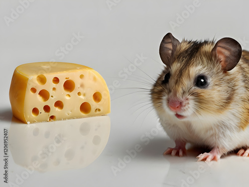 Adorable hamster holding a piece of cheese while sitting next to a larger wedge of Swiss cheese, set against a plain background, showcasing the cuteness of small pets and their love for food photo