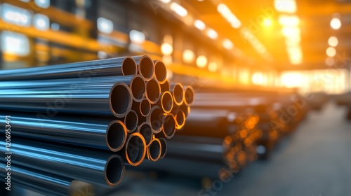 Largediameter steel pipes stacked in an industrial manufacturing factory setting photo