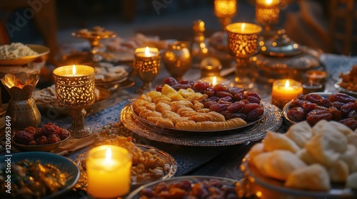 Ramadan Feast Table with Dates and Golden Lights photo