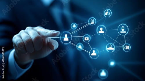 Businessman in suit connecting global social network icons representing communication and networking photo