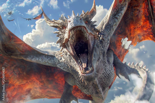 Fantastically beautiful mythological dragon with big wide wings, abstract vivid composition consists of fictional unreal fantastic vision on background