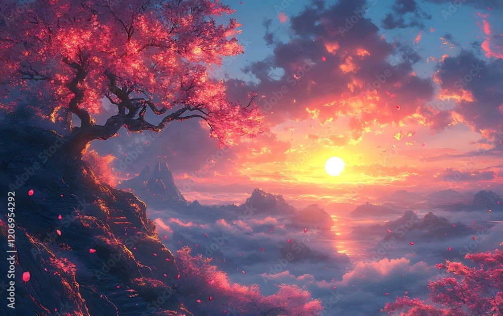 Sunrise Mountain Scenery with Falling Petals Sunrise Mountain Scenery with Falling Petals