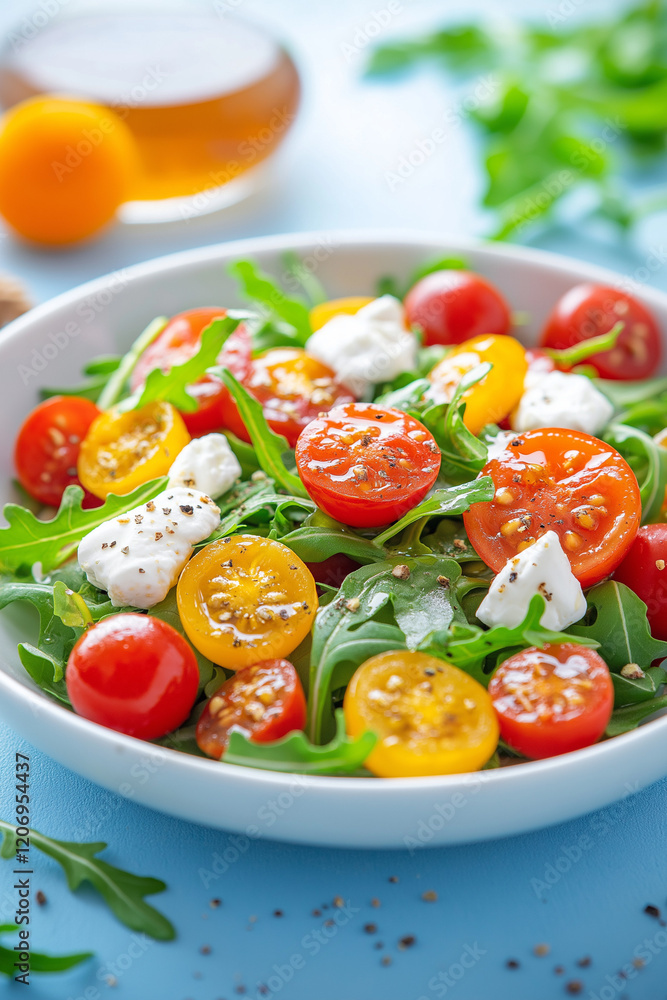 A bowl of salad with tomatoes, spinach, and cheese A bowl of salad with tomatoes, spinach, and cheese