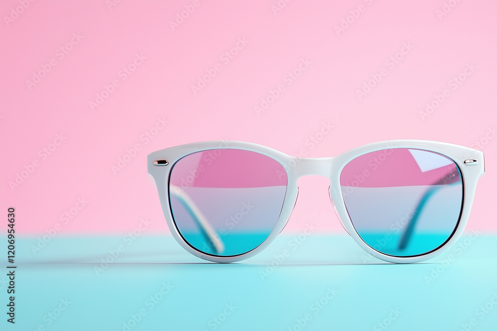 A pair of sunglasses with a blue and pink tint A pair of sunglasses with a blue and pink tint