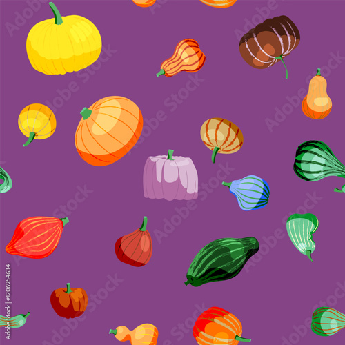 Seamless pattern on a purple background from different pumpkins. Suitable for wrapping paper, gifts, cards. Vector illustration