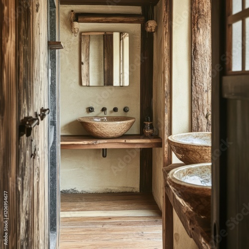 Rustic wooden bathroom with...