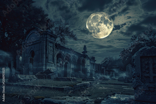 Fantastically mysterious cemetery with tombstones and terribly scary atmosphere, abstract vivid composition consists of fictional unreal fantastic vision on background photo