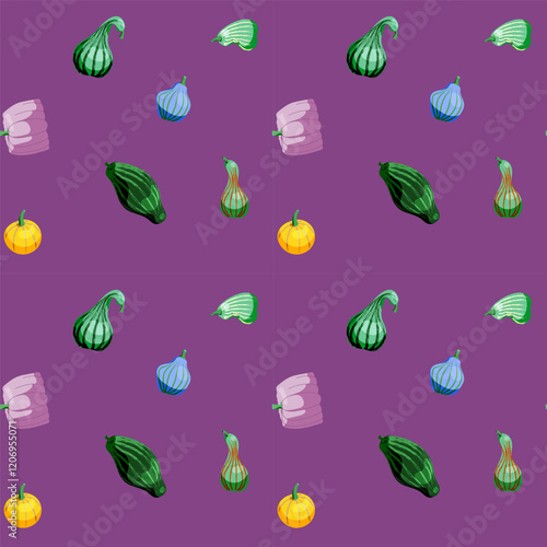 Seamless pattern on a purple background from different green pumpkins. Suitable for wrapping paper, gifts, cards. Vector illustration