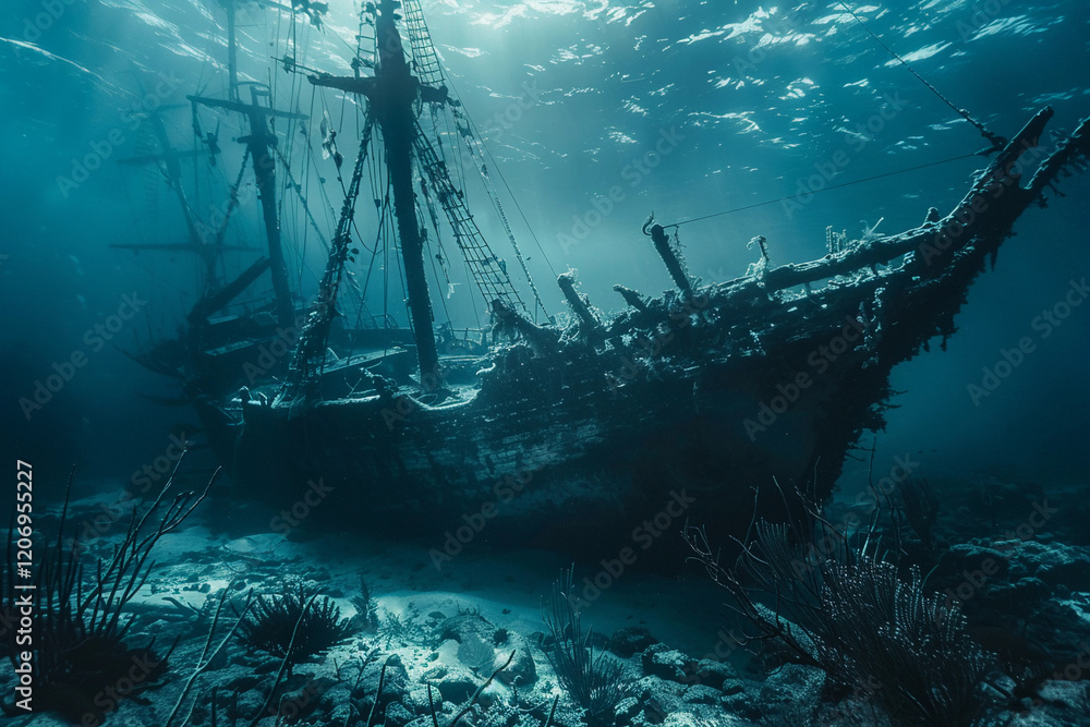 Obraz premium Underwater view of an old sunken ship on seabed with fish swimming around, abstract vivid composition consists of fictional unreal fantastic vision on background
