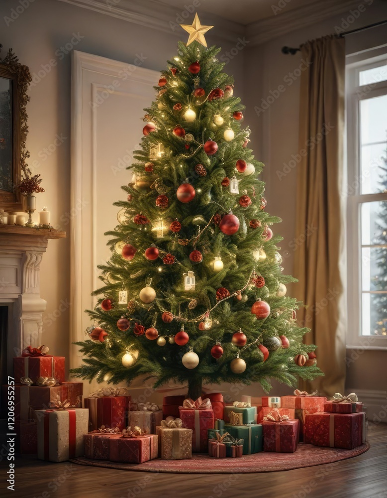 A beautifully decorated Christmas tree with presents underneath, ribbons, decoration, bows A beautifully decorated Christmas tree with presents underneath, ribbons, decoration, bows