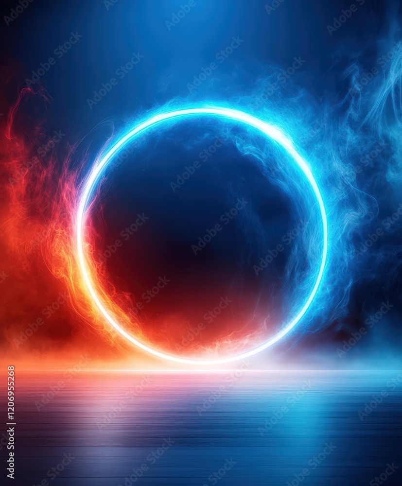 Obraz premium Futuristic Neon Circle Gateway in Red and Blue Smoke