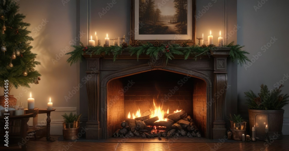 A beautifully decorated mantel with candles, pinecones, and evergreen branches surrounding a crackling fireplace, candles, evergreen branches, cozy ambiance A beautifully decorated mantel with candles, pinecones, and evergreen branches surrounding a crackling fireplace, candles, evergreen branches, cozy ambiance