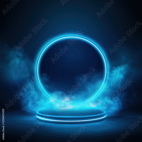 Futuristic Neon Circle and Platform: Abstract Blue Background